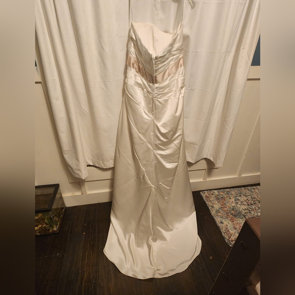 David's bridals wedding dress 18W ivory with champagne pink sash.